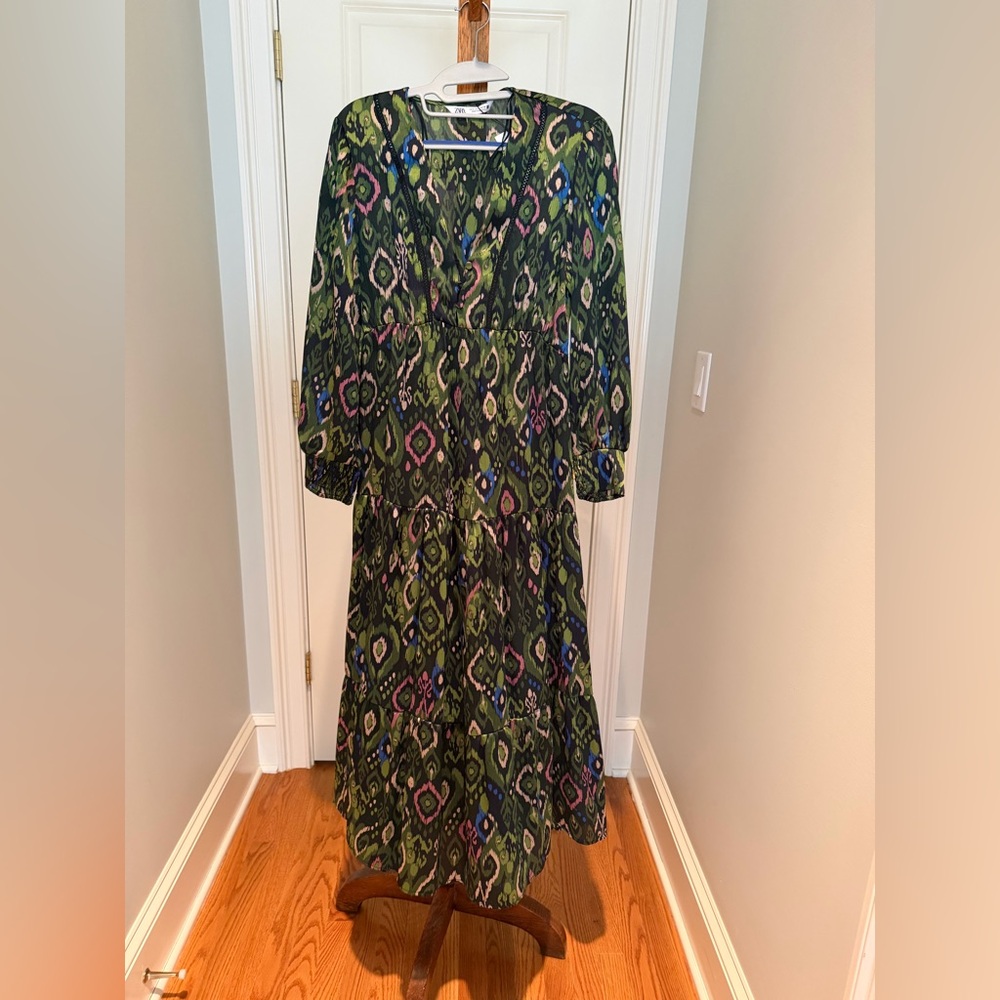 Zara Green Ikat-Style V-Neck Tiered Maxi Dress with Pink & Blue Accents